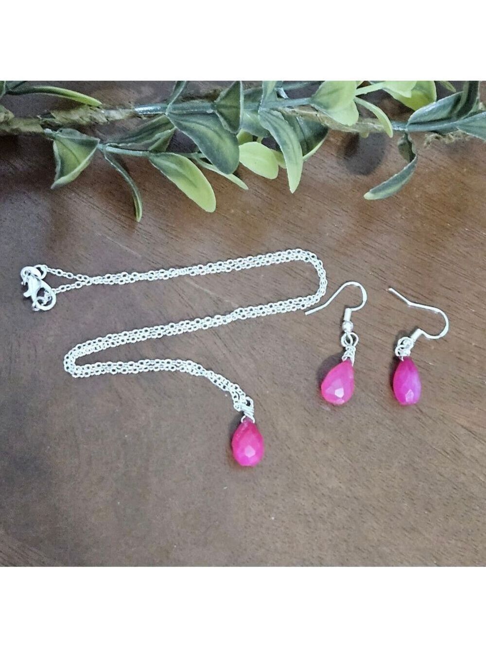 Sterling Silver Hot Pink Chalcedony Briolette  Necklace Earring Set